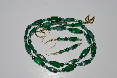 +MBA #B5-099  "Green Gemstone,Luster Green Glass Bead & Glass Pearl Necklace & Matching Earring Set"