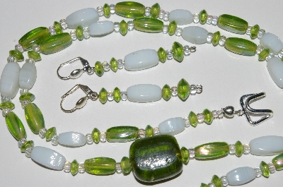 +MBA #B5-081  "Lime Green Luster Glass & White Bead Necklace & Matching Earring Set"