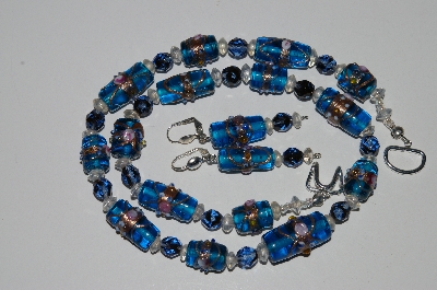 +MBA #B5-042  " Fancy Blue Glass Lamp Worked Bead Necklace & Matching Earring Set"