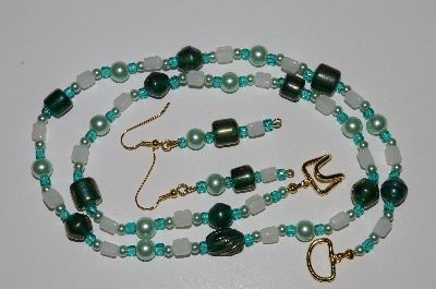 +MBA #B5-012  "Luster Green Glass & White Translucent Glass Bead Necklace & Matching Earring Set"