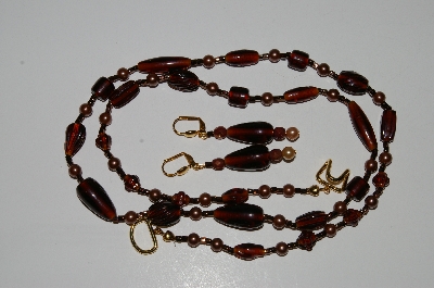 +MBA #B5-006   "Vintage Brown Glass Pearl & Brown Glass Bead Necklace & Matching Earring Set"