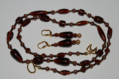 +MBA #B5-006   "Vintage Brown Glass Pearl & Brown Glass Bead Necklace & Matching Earring Set"