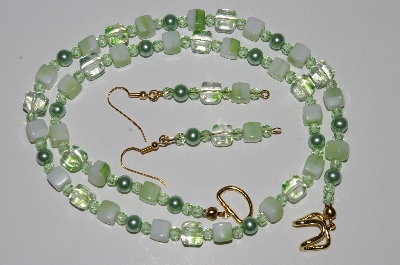 +MBA #B5-030  "Green Glass bead, Crystal & Pearl Necklace & Matching Earring Set"