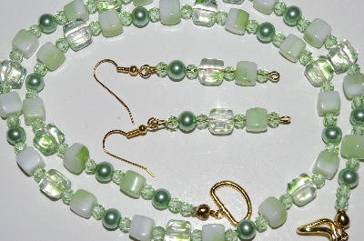 +MBA #B5-030  "Green Glass bead, Crystal & Pearl Necklace & Matching Earring Set"