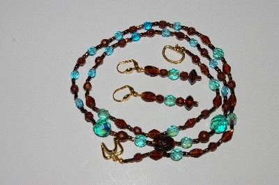 +MBA #B5-024   "Brown ,Copper Colored Glass Bead & Blue Crystal Necklace & Earring Set"