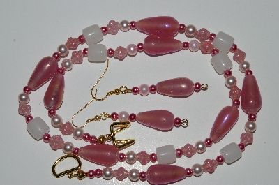 +MBA #B5-018  "Pink Luster, White Translucent Glass Bead & Pink Pearl Necklace & Matching Earring Set"