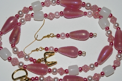 +MBA #B5-018  "Pink Luster, White Translucent Glass Bead & Pink Pearl Necklace & Matching Earring Set"