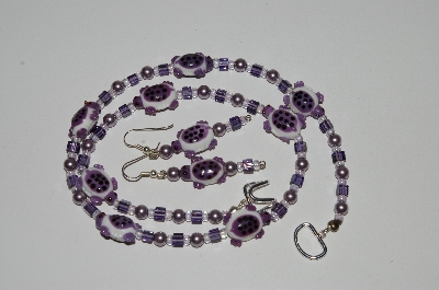 +MBA #B5-015  "Fancy Purple & White Turtle Glass Bead Necklace & Matching Earring Set"