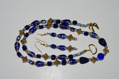 +MBA #B5-093  "Fancy Blue Glass Bead Necklace & Matching Earring Set"