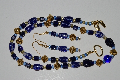 +MBA #B5-093  "Fancy Blue Glass Bead Necklace & Matching Earring Set"