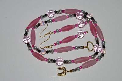 +MBA #B5-048  "Matte Pink Glass, Black Glass, Grey Pearl & Crystal Necklace & Matching Earring Set"