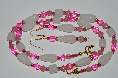 +MBA #B5-039  "Translucent White Glass, Bright Pink Crystal & Pearl Necklace & Matching Earring Set"