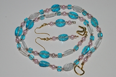 +MBA #B5-105  "Blue, Clear Glass & Pearl Necklace & Matching Earring Set"