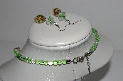 +MBA #B5-113  "Fancy Green,White,Pink & Brown Glass Lampworked Bead Necklace & Earring Set"