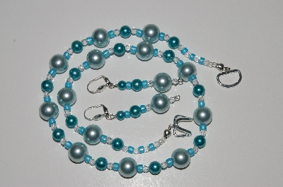 +MBA #B5-111  "Blue Glass Pearl & Clear Crystal bead Necklace & Matching Earring Set"