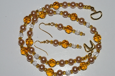 +MBA #B6-189  "Amber Crystal Bead & Champagne Glass Pearl Necklace & Earring Set"