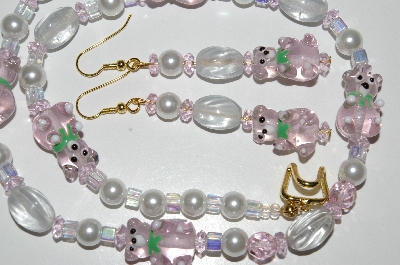 +MBA #B6-186  "Lavender Glass Bears & White Pearl Necklace & Matching Earring Set"