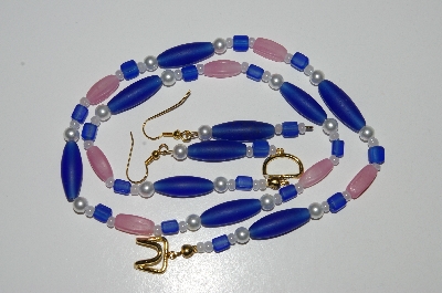 +MBA #B6-152  "Matte Blue & Pink Glass Bead Necklace & Matching Earring Set"