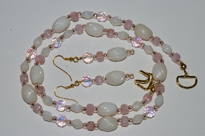 +MBA #B6-136  "Pink Crystal & Luster White Bead Necklace & Matching Earring Set"