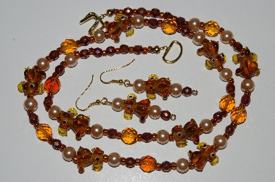 +MBA #B6-180  "Fancy Amber Glass Elephant, Crystal & Glass Pearl Necklace & Earring Set"
