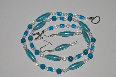 +MBA #B6-198  "Blue Glass, TQ & Crystal Bead Necklace & Matching Earring Set"