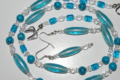 +MBA #B6-198  "Blue Glass, TQ & Crystal Bead Necklace & Matching Earring Set"