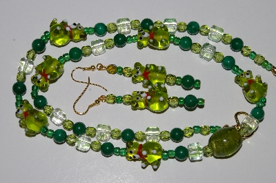 +MBA #B6-176  "Fancy Green Glass Bear,Gemstone & Glass Bead Necklace & Earring Set"