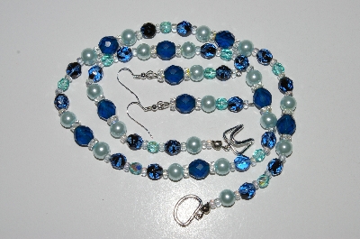 +MBA #B6-173  "Blue Crystal,Glass Bead & Pearl Necklace & Matching Earring Set"