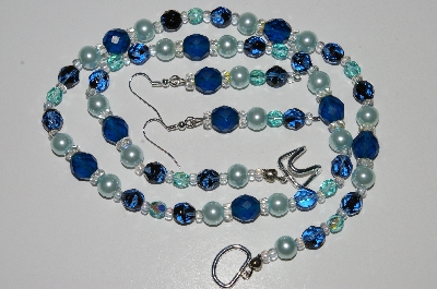 +MBA #B6-173  "Blue Crystal,Glass Bead & Pearl Necklace & Matching Earring Set"