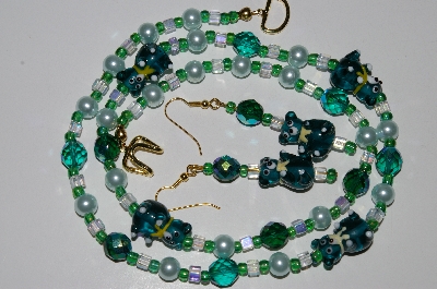 +MBA #B6-158  "Fancy Green Bear,Crystal, Glass Bead & Pearl Necklace & Earring Set"