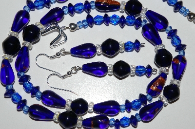 +MBA #B6-149  "Fancy Blue Glass Bead & Clear Crystal Necklace & Matching Earring Set"