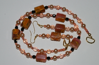 +MBA #B6-170  "Cherry Agate, Pink Crystal & Glass Pearl Bead Necklace & Matching Earring Set"