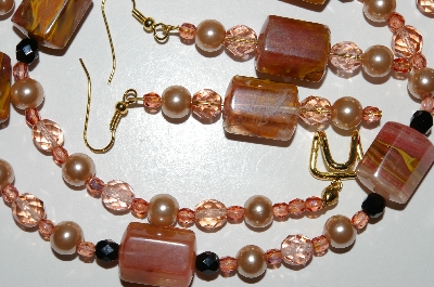 +MBA #B6-170  "Cherry Agate, Pink Crystal & Glass Pearl Bead Necklace & Matching Earring Set"