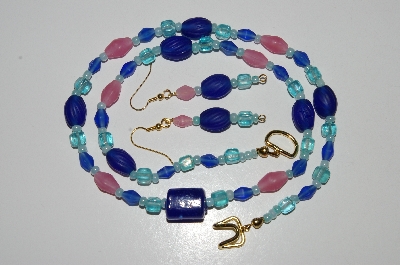 +MBA #B6-192  "Blue & Pink Glass Bead Necklace & Matching Earring Set"