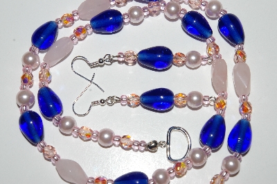 +MBA #B6-146  "Rose Quartz,Blue Glass & Pearl Necklace & Matching Earring Set"