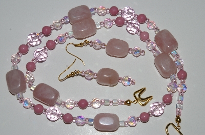 +MBA #B6-049  "Rose Quartz, Pink Crystal, Lepidolite & Glass bead Necklace & Matching Earring Set"