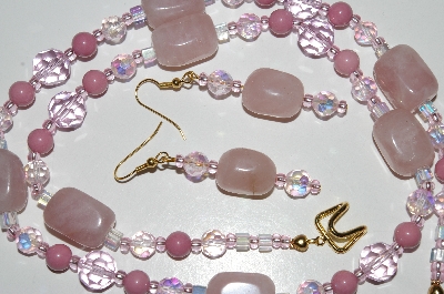 +MBA #B6-049  "Rose Quartz, Pink Crystal, Lepidolite & Glass bead Necklace & Matching Earring Set"