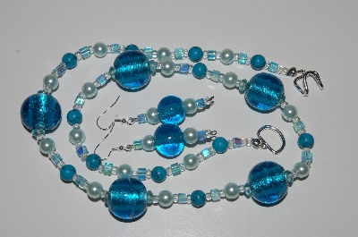 +MBA #B6-127  "Fancy Blue Glass, TQ & Pearl Necklace & Matching Earring Set"