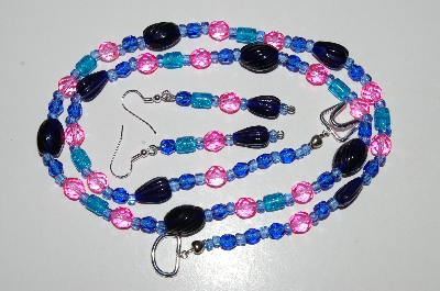 +MBA #B6-043  "Fancy Blue & Pink Glass Bead Necklace & Earring Set"