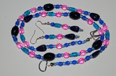 +MBA #B6-043  "Fancy Blue & Pink Glass Bead Necklace & Earring Set"