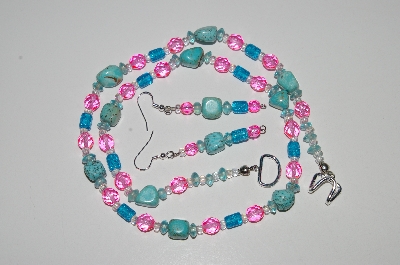 +MBA #B6-040  "Turquoise, Pink & Blue Glass Bead Necklace & Matching Earring Set"