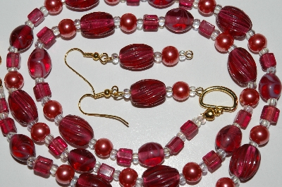+MBA #B6-059  "Fancy Cranberry Glass Bead & Pearl Necklace & Matching Earring Set"