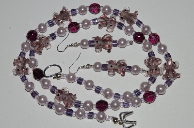 +MBA #B6-124  "Lavender Glass Elephants, Bead, Pearl & Purple Crystal Bead Necklace & Earring Set"