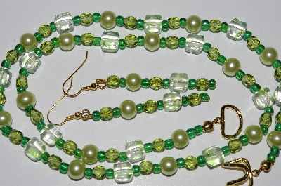 +MBA #B6-121  "Fancy Green Glass & Pearl Necklace & Matching Earring Set"