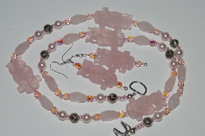 +MBA #B6-115  "Fancy Rose Quartz "Owl", Glass Bead & Pearl Necklace & Matching Earring Set"