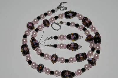 +MBA #B6-118  "Fancy Black Glass, Pink Crystal & Pearl Necklace & Matching Earring Set"
