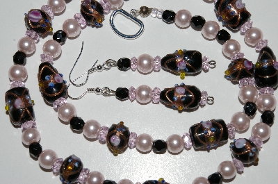 +MBA #B6-118  "Fancy Black Glass, Pink Crystal & Pearl Necklace & Matching Earring Set"