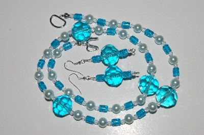 +MBA #B6-056  "Fancy Blue Glass, Clear Crystal & Pearl Necklace & Matching Earring Set"