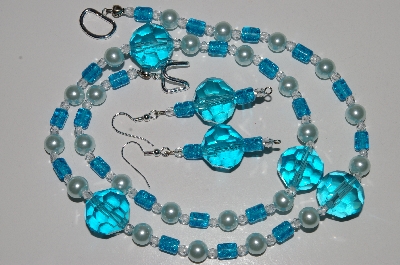 +MBA #B6-056  "Fancy Blue Glass, Clear Crystal & Pearl Necklace & Matching Earring Set"