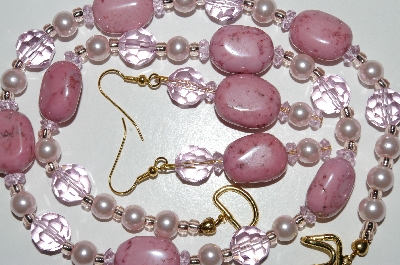 +MBA #B6-053  "Fancy Pink Lepidolite, Pink Glass, Crystal & Pearl Necklace & Matching Earring Set"